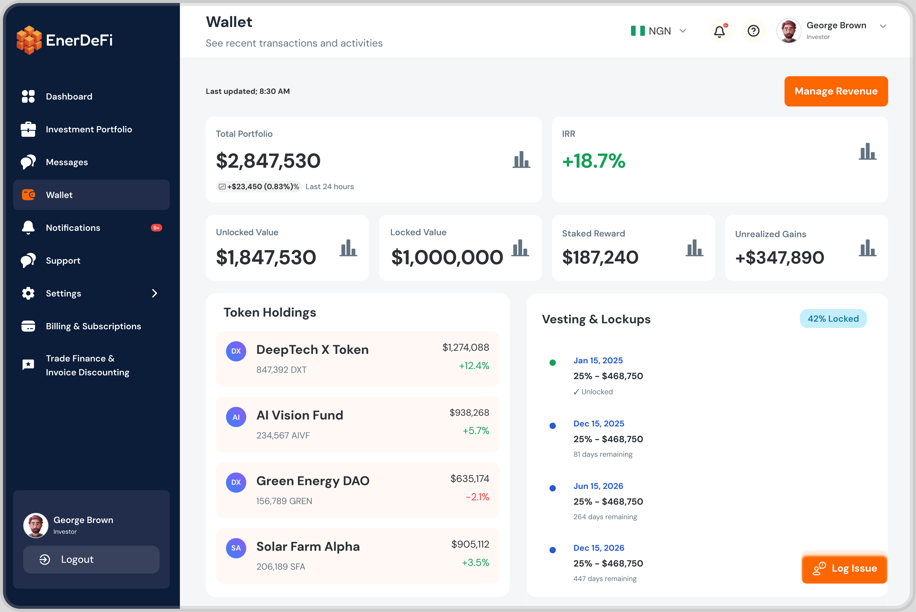 EnerDeFi investor wallet dashboard showing portfolio value, IRR, token holdings and vesting schedule